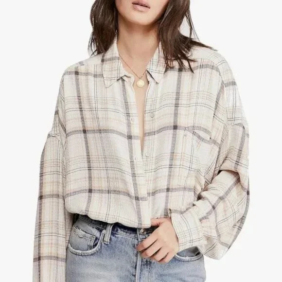 Free People We The Free Hidden Valley Button Down Oversized Plaid Shirt Top S - Picture 2 of 16